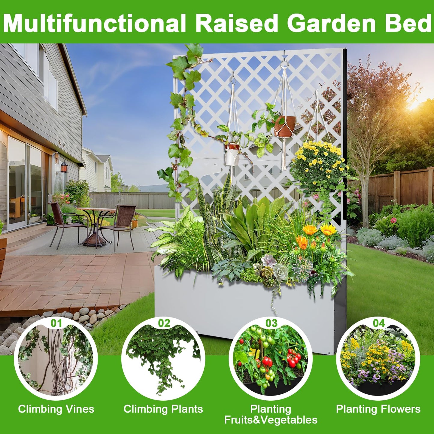 Metal Planter Box with Trellis Privacy Screen, Raised Garden Bed with Trellis & Wheels, Privacy Planters for Patio, Planter Box with Drainage Holes for Climbing Plants, Flower, 73"x 47"x 12", White