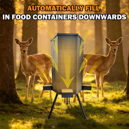 LAJIAOZ 80 lbs Galvanized Steel Gravity Deer Feeder - 14 Gallon Weatherproof Wildlife Game Feeder, 3-Leg Tripod Stand with 3 Feeding Trays, Metal Corn Dispenser for Goats, Turkeys, Livestock