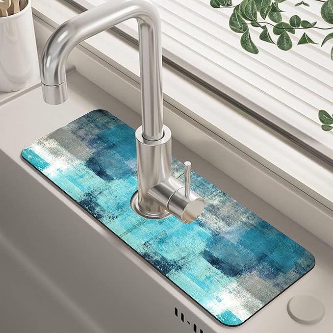 Abstract Teal and Grey Geometric Dish Drying Mat