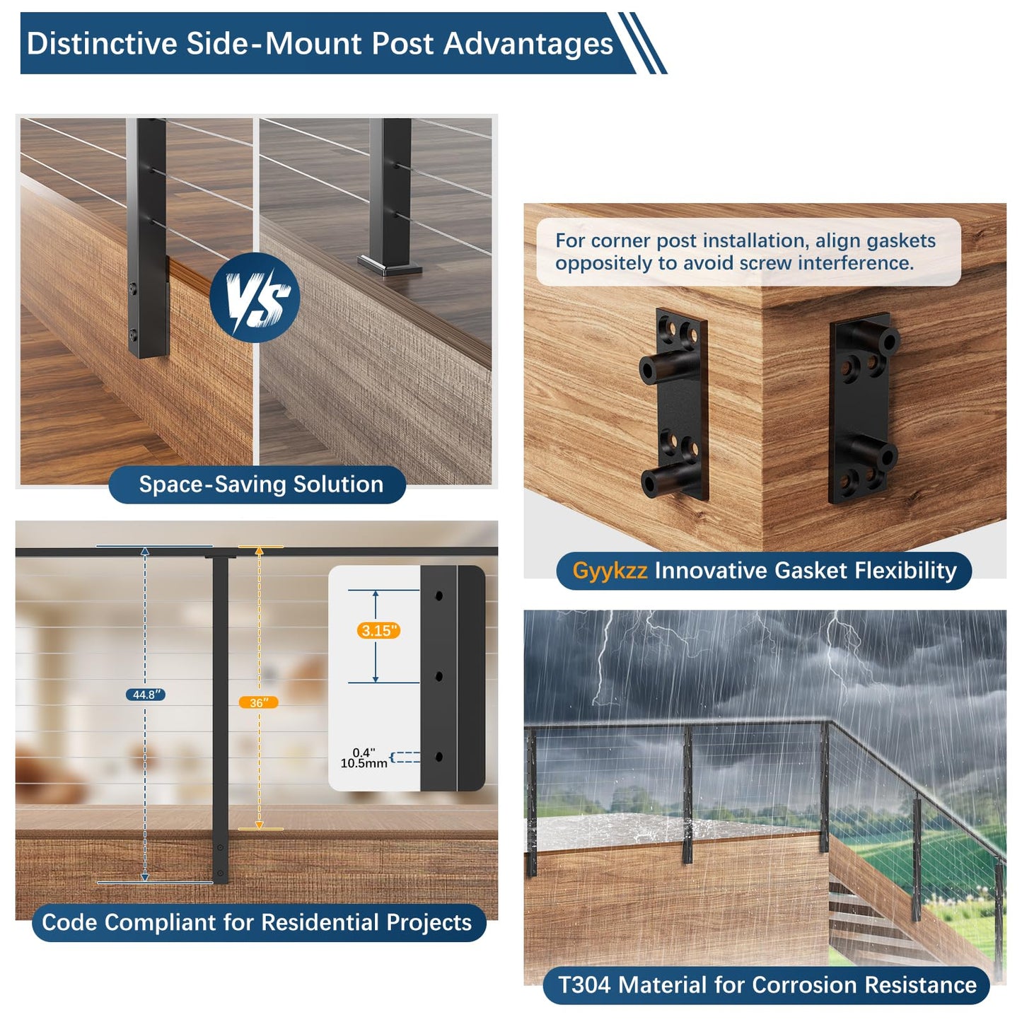 Gyykzz 36" Side Mount Cable Railing Post, 4 Pack Level Space-Saving Side Mount Post System, Stainless Steel T304 Fascia Mount Handrail Post, Heavy-Duty Cable Railing Kit Indoor Outdoor Deck Post