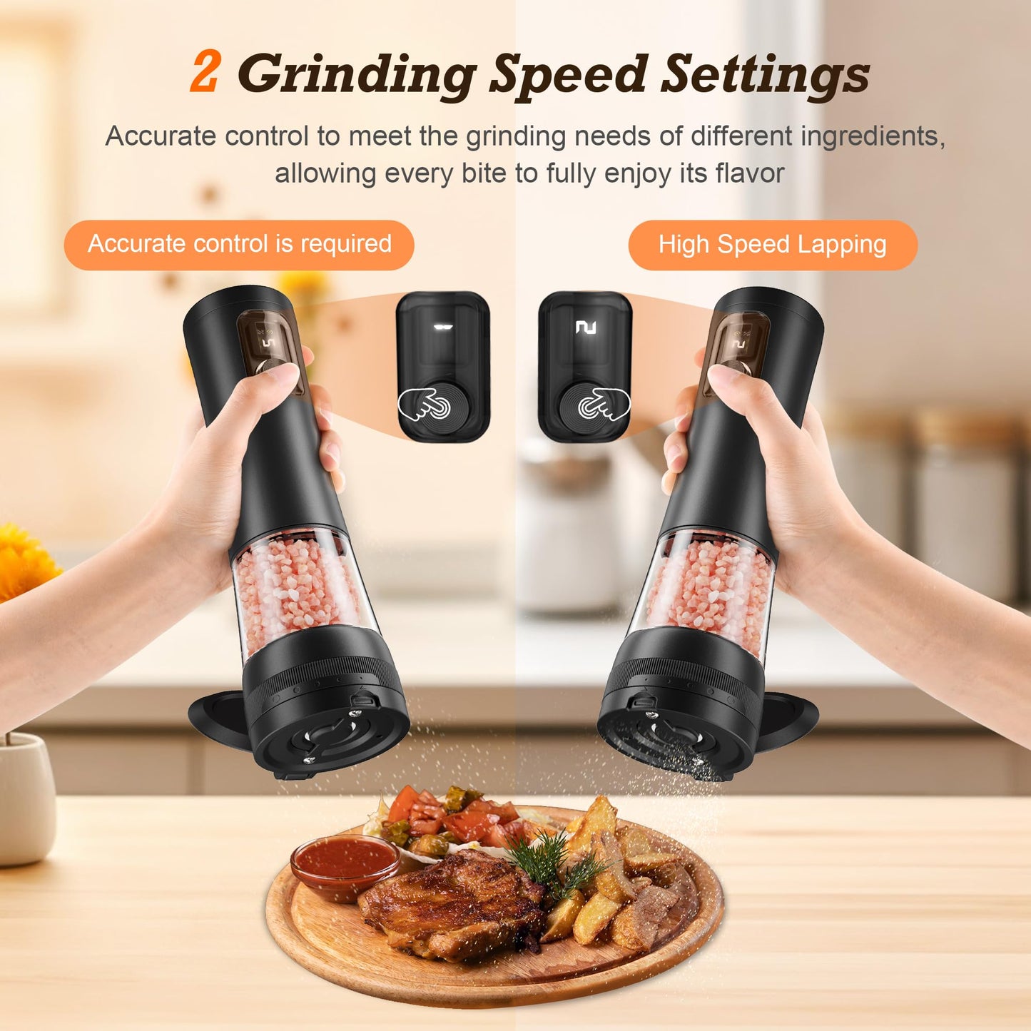 Electric Salt and Pepper Grinder Set, Automatic Refillable Salt and Pepper Shakers 2-Speed Setting with LED Light and 5 Adjustable Coarseness,Practical and Convenient Kitchen Gadgets（Black）