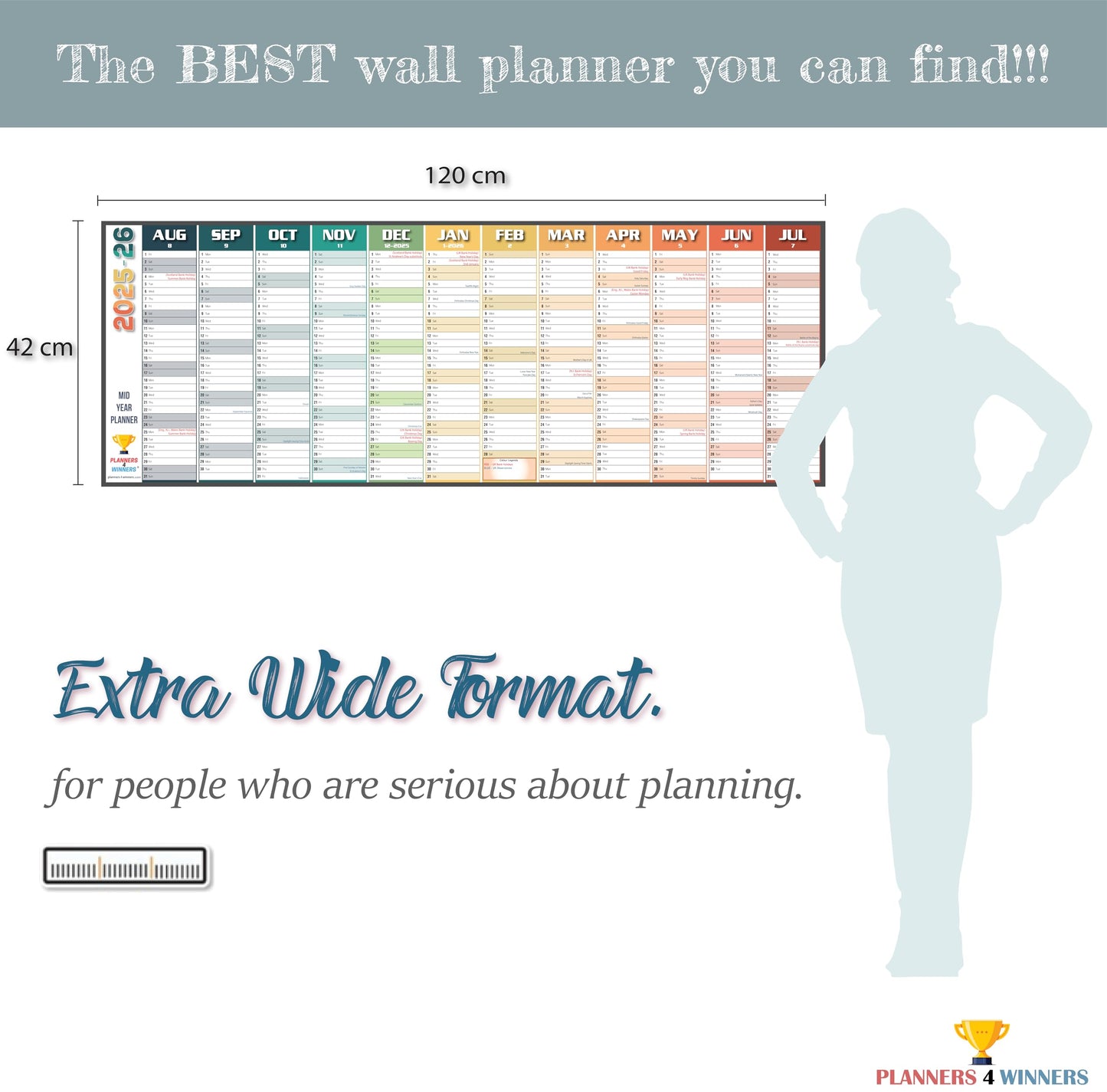 Academic Year Wall Planner 2025-2026 with Extra Wide Size (120 x 42 cm) | Mid Year 25/26 Wall-Planner Runs Aug ’25 to Jul ’26 | Excellent for office, home and school. | Non Laminated, ROLLED DELIVERY
