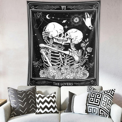 KJHL The Lovers Skull Wall Tapestry Black and White Skeleton Tapestry Gothic Room Decor Witchy Tapestries Aesthetic Wall Hanging for Bedroom Living Room 60" x 44"
