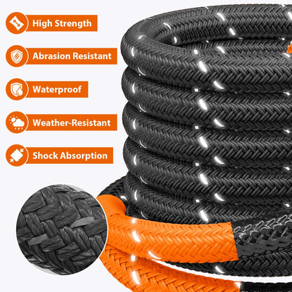 Kinetic Recovery Tow Rope - 1.26" x30FT 55000LBS Reflective Heavy Duty Snatch Strap Kit with Soft Shackles for Offroad Pulling Truck SUV UTV ATV Car Jeep - Black