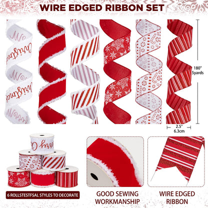 Hollyone Christmas Ribbon Wired 6 Rolls 30 Yards Red and White Christmas Ribbons Snowflake Candy Cane Ribbon Set for Christmas Tree Gift Wrapping Crafts Wreath Garland Bow Decor, 2.5 Inch