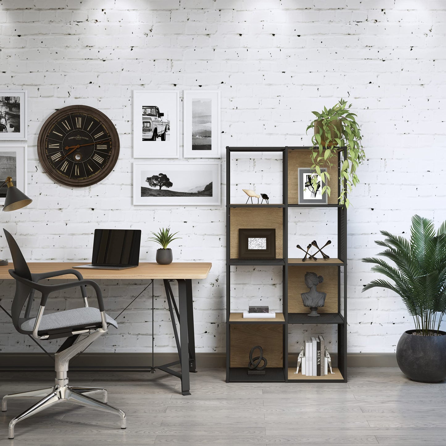 Lavish Home Cube Storage Organizer - Industrial-Style Wood and Metal Shelving Unit - Freestanding Bookshelf for The Home or Office (Oak and Black)