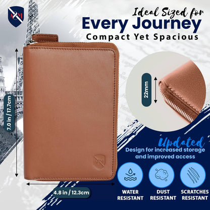 ALLEN & MATE 100% Leather Passport Holder for Travel RFID Blocking Passport Wallet for Men & Women - Zippered Compact Travel Document Organizer Fits Passport, Cash, Cards, SIM, ID and Tickets