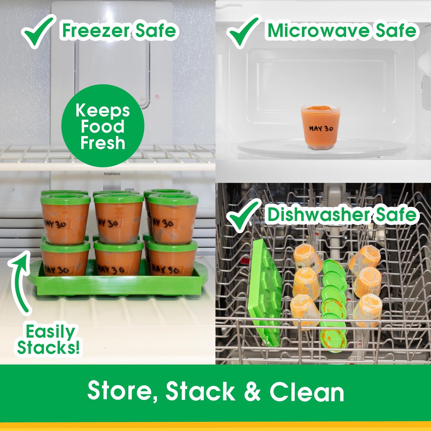 Baby Food Storage Containers w Write What You Want Lids (12 Pk) - 2oz Reusable Leakproof Plastic Jars & Tray- Freezer, Microwave & Dishwasher Safe- BPA/PVC Free, Compatible w Bullet Blender, Gift