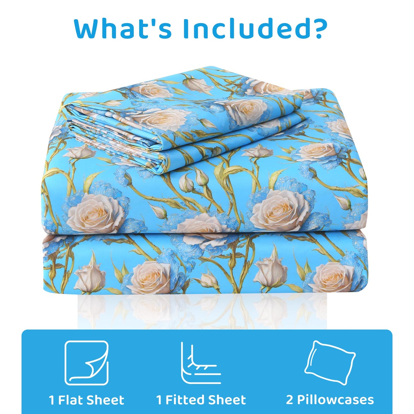 Mooreeke Cozy Floral Microfiber Printed Twin Sheet Set - Soft & Breathable 3D Rose Bed Sheets with Deep Pocket - Non-Slip Fitted Design - Blue White Rose Pattern - Queen