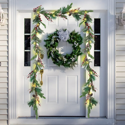 winemana 6 FT Pre-lit Artificial Christmas Garland with 20 LED Lights, Battery Powered with Pine Cones, Red Berries, Pine Needles, Lighted Christmas Garlands for Fireplace Mantle Holiday Decorations