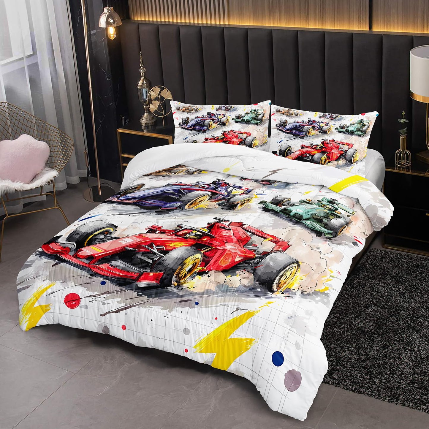 lneffble Race Car Comforter Twin Size,Race Car Kids Comforter Set,3Pcs Bedding Set Printed Comforter with 2 Pillowcases,Down Alternative,Soft and Lightweight,for All Seasons