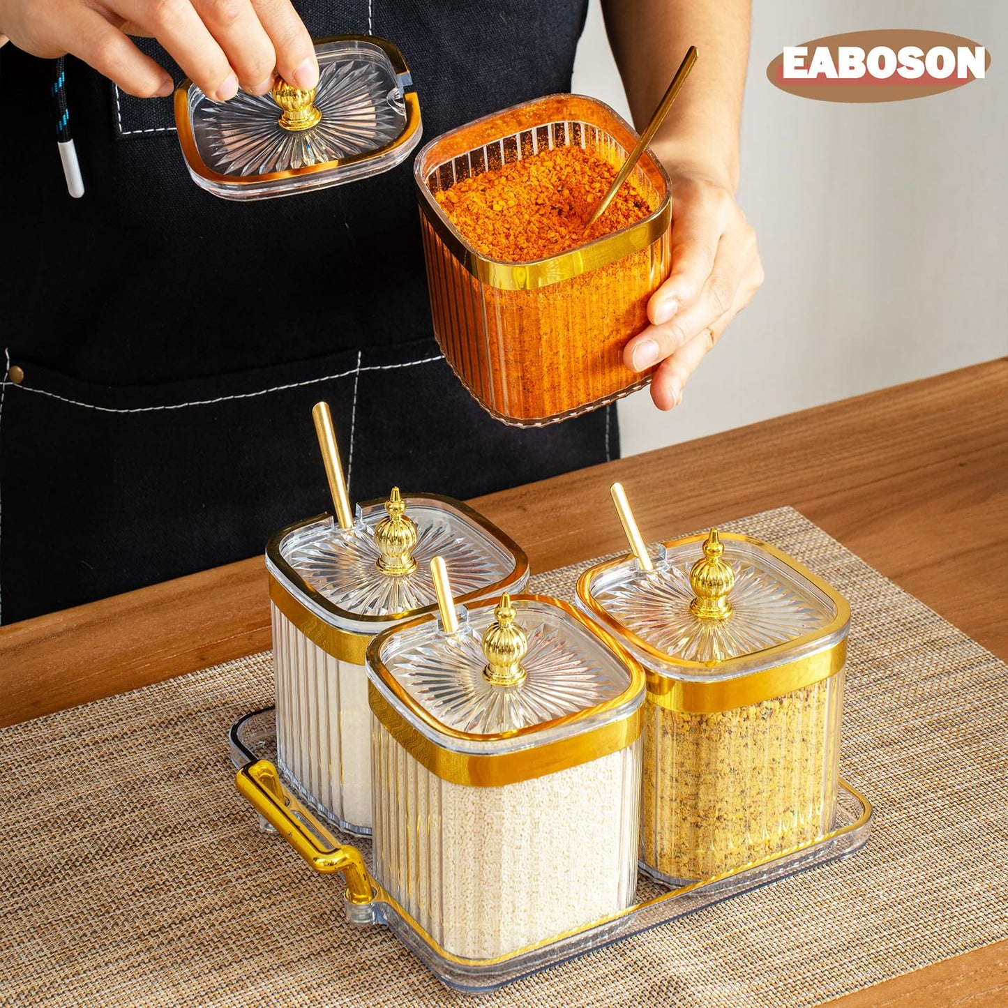 EABOSON 4 Pack Clear Condiment Spice Jars with Lids, Spoons, Tray - Plastic Seasoning Box Set for Salt, Pepper, Sugar - Kitchen Storage