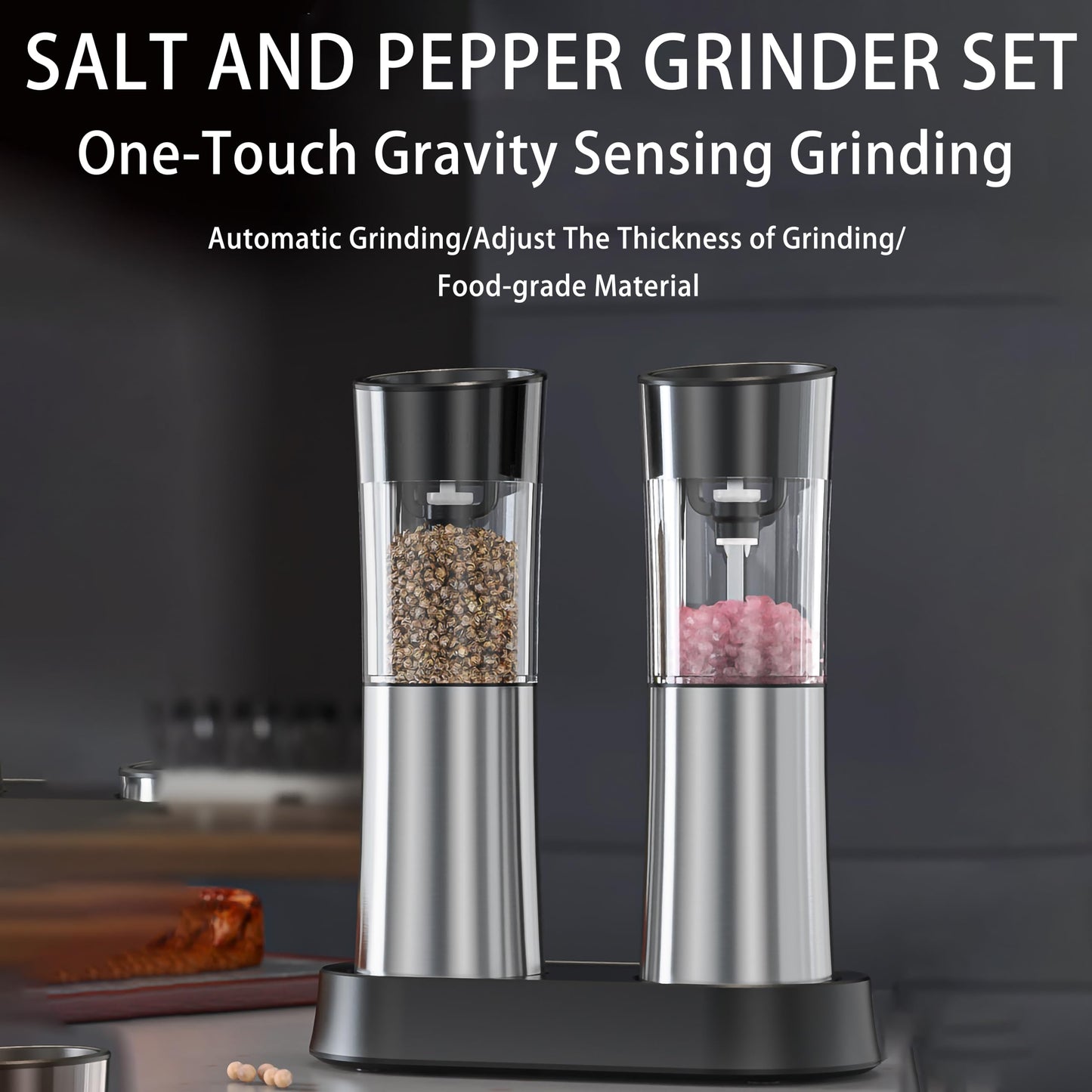 VITSOL Gravity Electric Salt and Pepper Grinder Set, No Battery Needed, One Handed Operation, Automatic Salt & Pepper Mill - Spice Grinder, LED Light (2 Pack) (Stainless Steel Silver)