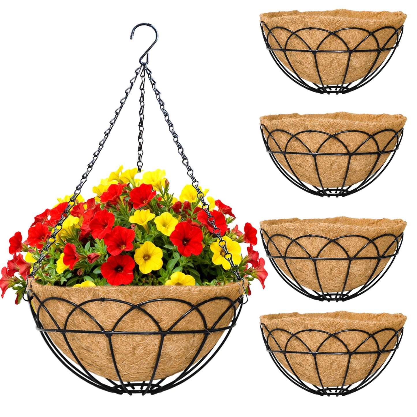 JFFLYIT 4 Pack 14 Inch Black Wire Hanging Planter with Coir Fiber Outdoor Round Hanging Basket with Metal Chain for Balcony Porch Farmhouse Country Style Garden Decor (Lotus Pattern)