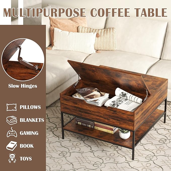 Farmhouse Coffee Table with Hidden Storage 32 in, Square Wood Living Room