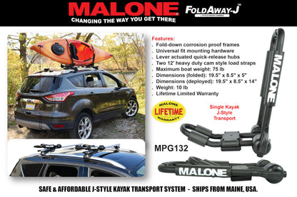 Malone Foldaway-J™ Kayak Rack Carrier, Single, Universal Fit, Tool Free Install, 75 lb Capacity, Limited, USA (MPG132)