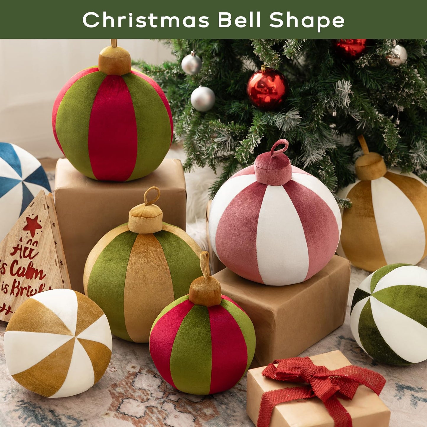 Ashler Merry Christmas Bell-Shaped Pillow, 11x11 Inch Velvet Hangable Decorative Holiday Pillow for Xmas Tree, Couch, Living Room, Bed, Yellow
