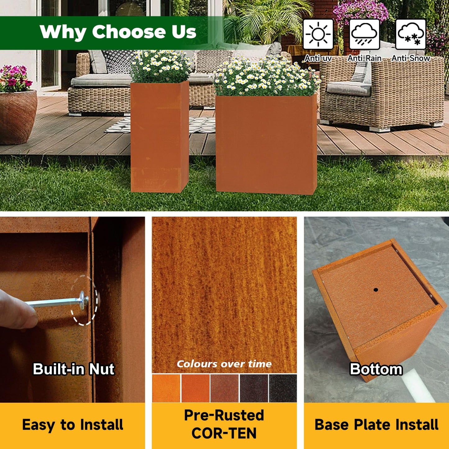 GZLVSOW Corten Steel Planter Box for Outdoor Plants 14"x14"x30" Metal Planter Spliced Planter Box with Removable Insert Sherf for Outside,Indoor,Garden (Corten, 14 * 14 * 30)
