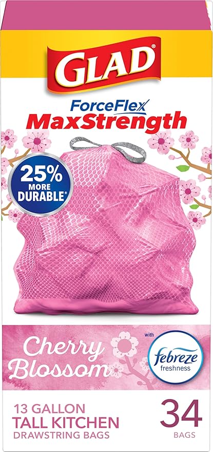Glad Tall Kitchen Trash Bags 13 Gallon, MaxStrength Cherry Blossom Garbage Bags