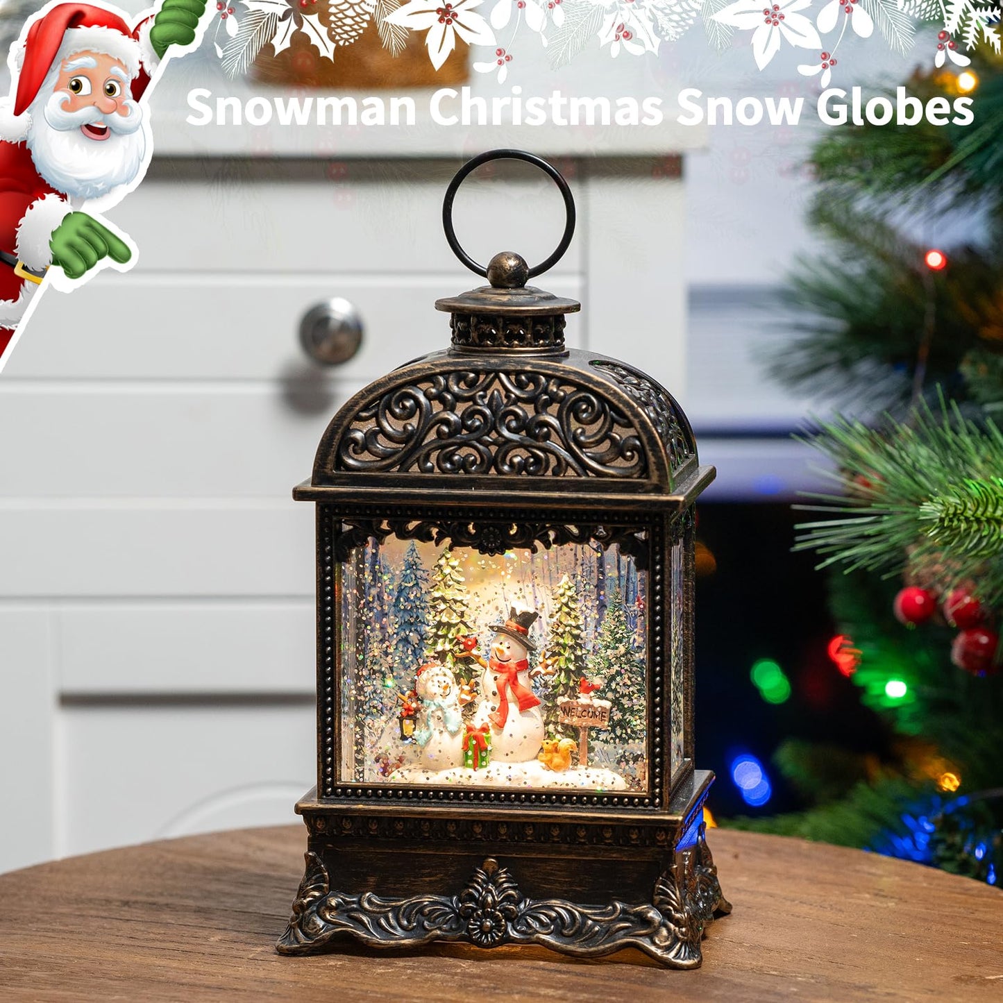Christmas Snow Globes, Snowman Water Lantern, 8 Christmas Music, USB Powered & Battery, Holiday Decorations Gifts for Family Children or Friends