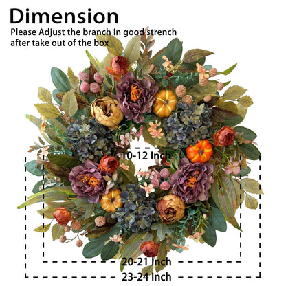 WANNA-CUL 24in Fall Front Door Wreath,Hydrangea Peony Pumpkin Harvest Decor