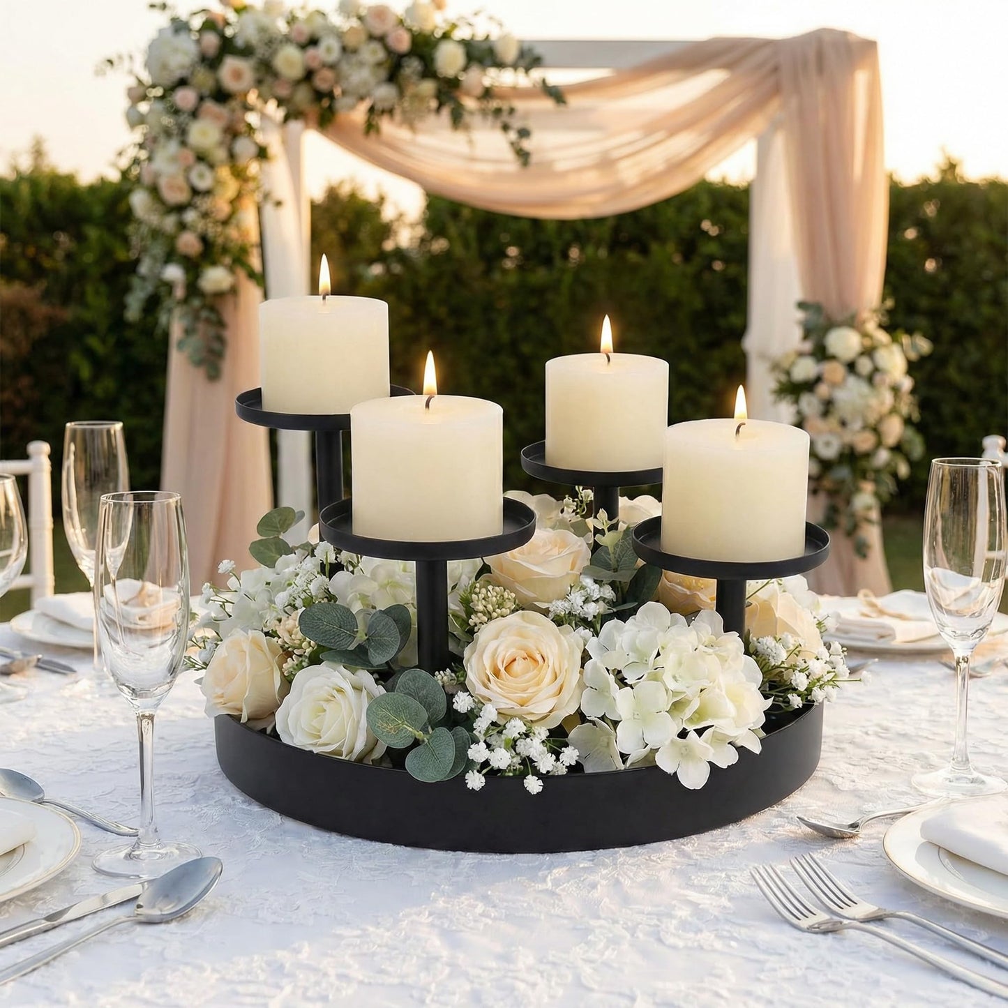 Livendow Circular Candle Holder, Black Metal Candle Stand, 4-Pillar Tiered Design | for Scented Candles, Pillar Candles | Creative Home Decor | Diameter 20CM/7.9 Inches (NO Flowers & Candles)