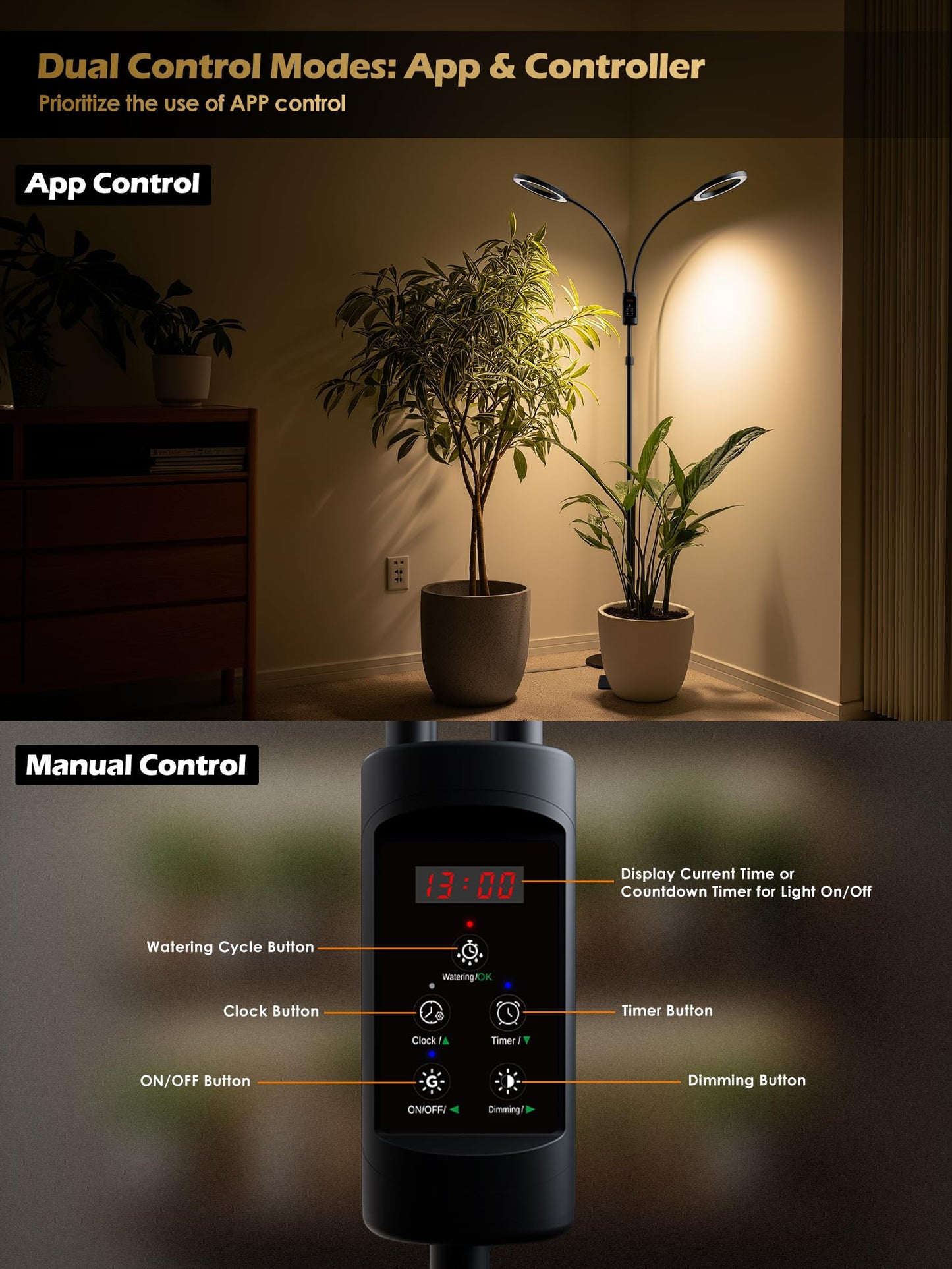 Smart Grow Lights for Indoor Plants, 48W Plant Light with Auto-Timer, Full Spectrum LED Grow Light, Adjustable Height & Stepless Dimming,Plant Assistant Suitable for Most Plants (Black (Dual Heads))