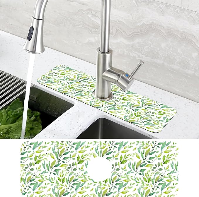 Tropical Eucalyptus Leaves Kitchen Sink Splash Guard Mat Absorbent Fast Drying
