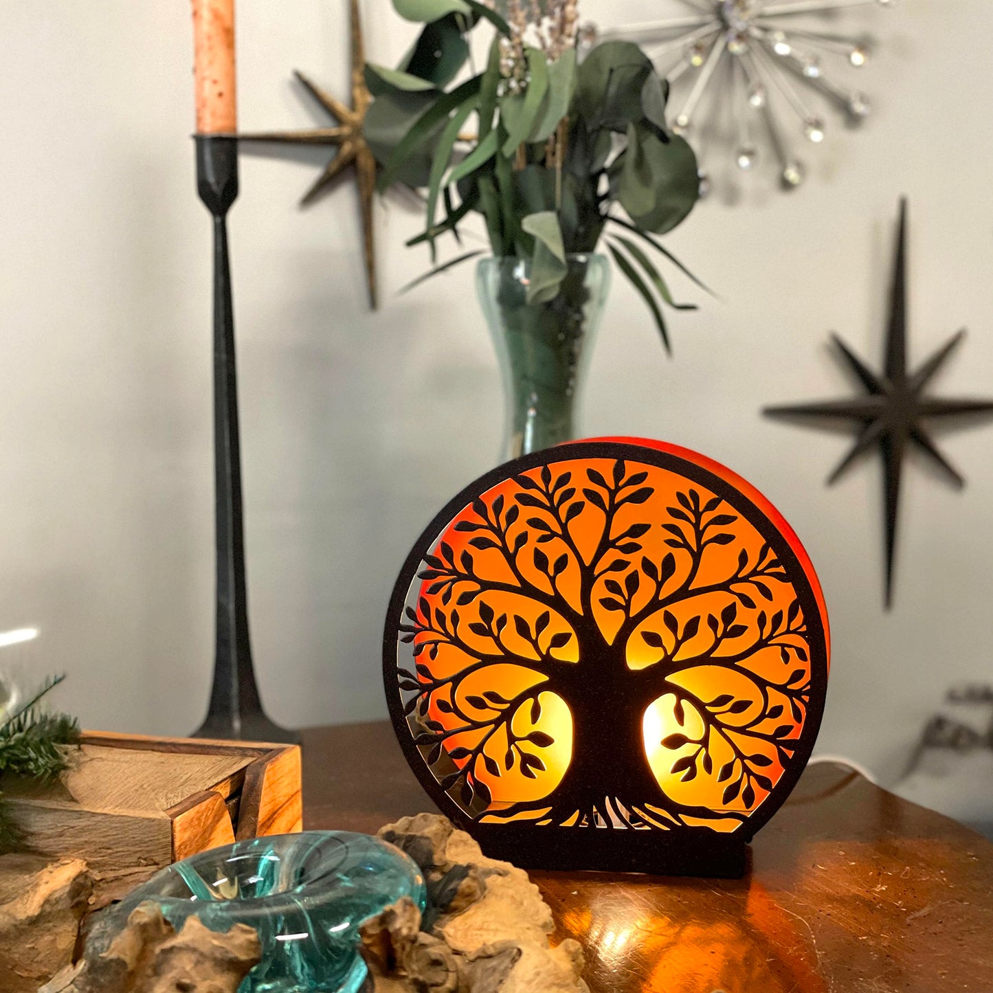 Zeckos Tree of Life Accent Lamp - 8” Decorative Metal Plug-in Table Light, Black Nature Silhouette with Warm Amber Backlight, Nightstand Desk Lighting, Cozy Home Décor Gift, Bulb Included