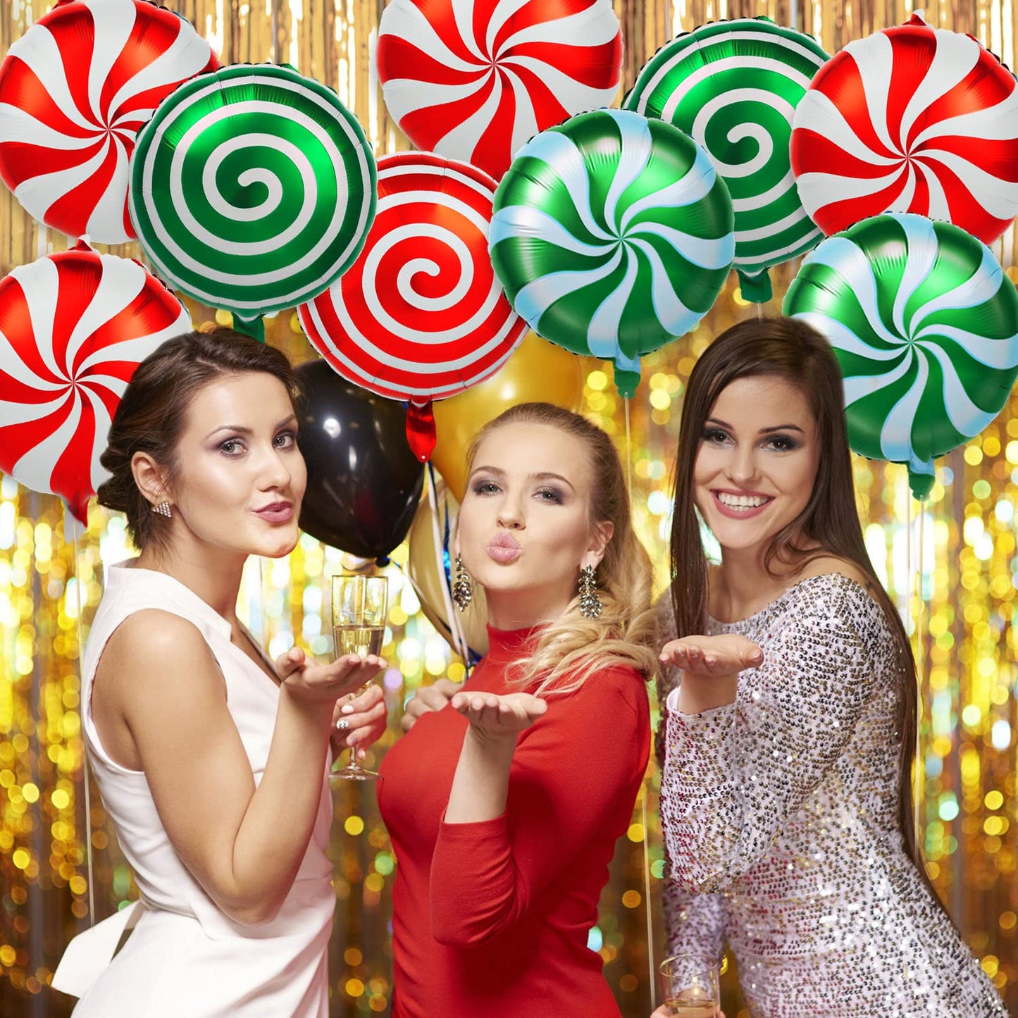36Pcs Christmas Balloons Kit, Cane Candy Foil Balloons with Ribbons, Red Green Mylar Balloon for Party Decorations