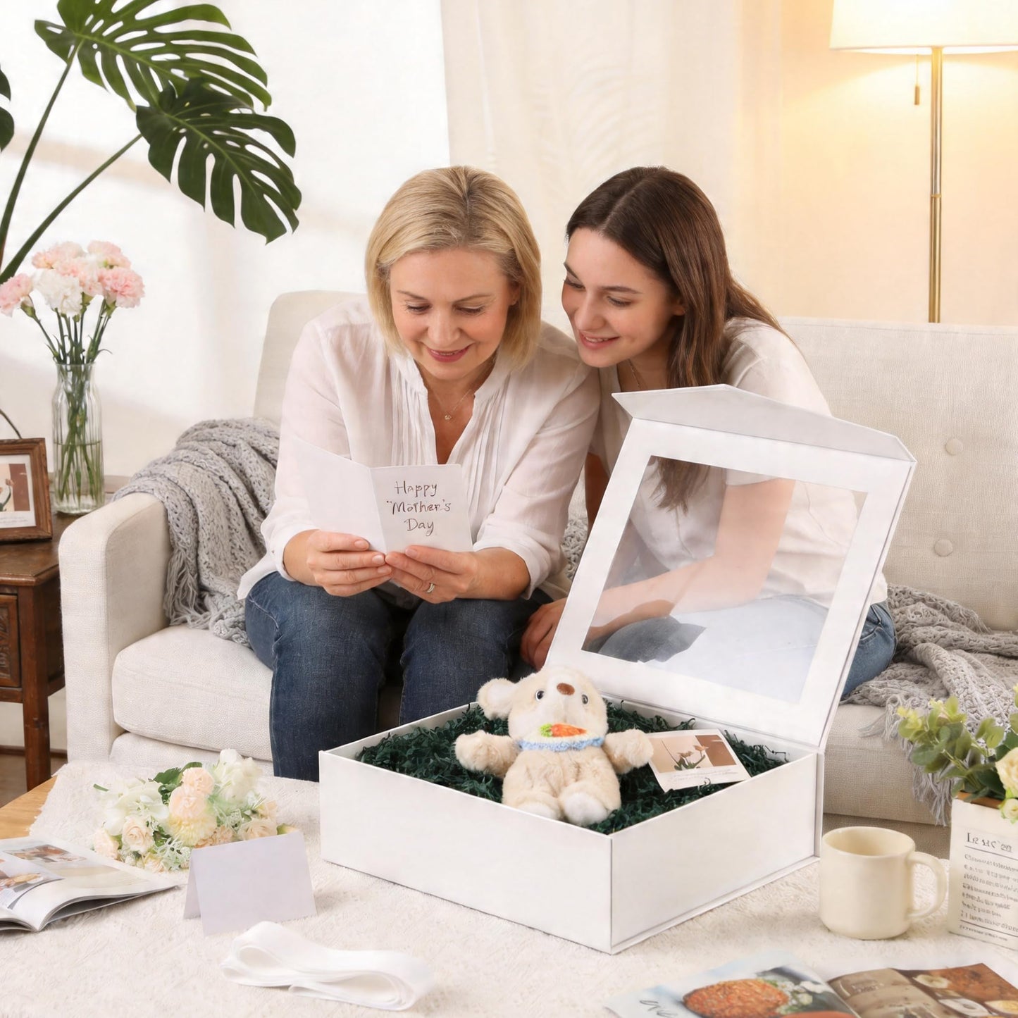 PACKQUEEN 5 Extra Large White Gift Boxes with Windows, 16.3x14.2x5 Inches Mother's Day Clear Gift Boxes for Presents Contain Ribbons, Cards, Bridesmaid Proposal Boxes with Magnetic Lids (Glossy White)