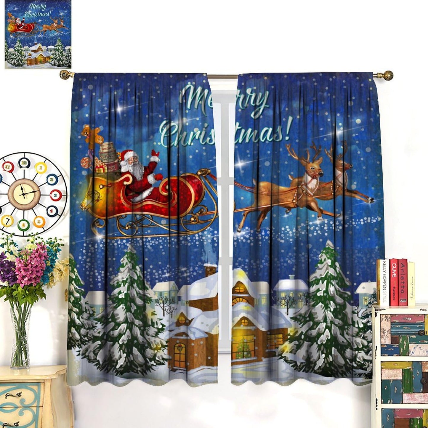 FengMingRui Christmas Curtains Santa Claus Sleigh Chimneys New Year Christmas Patterns Printed Window Treatment Bedroom Living Room Decoration Blackout Decor Window Drapes 52" W X 84" L