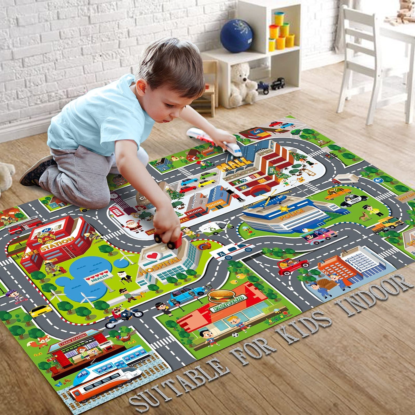 Oriate Kids Toy Car Play Mat Racetrack Activity Playmat, Kids City Road Mat Toy Cars Play Rug for Children Pretend Game, Play Carpet Floor Mats for Race Collection Toys Accessories 47" X 31"
