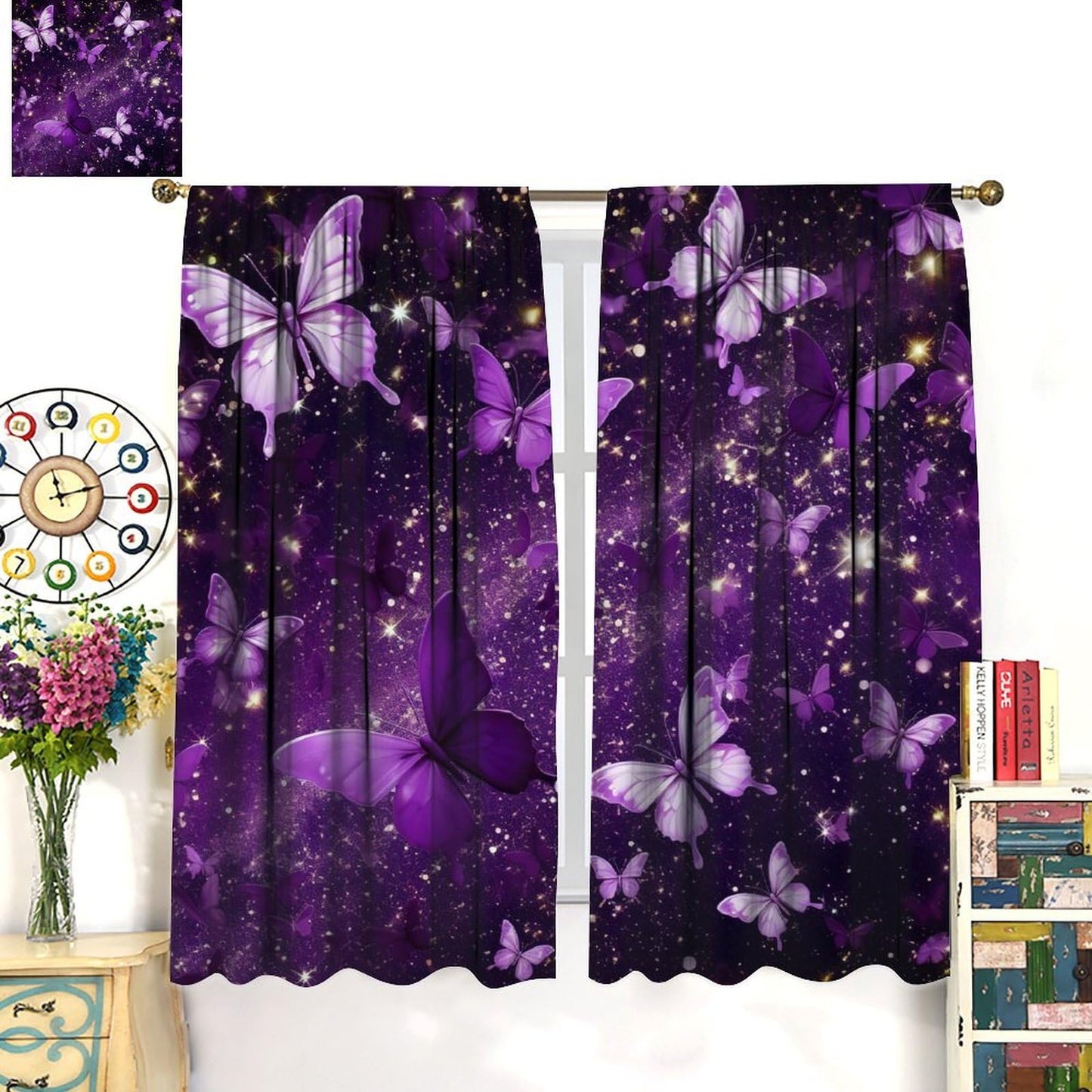 PHTAYOT Butterfly Curtains, Purple Dream Fantasy Starlight Butterfly Pattern for Kids Girls Room Decor, Print Blackout Drapes for Living Room Bedroom Kitchen 2 Panel Set 21" W X 63" L