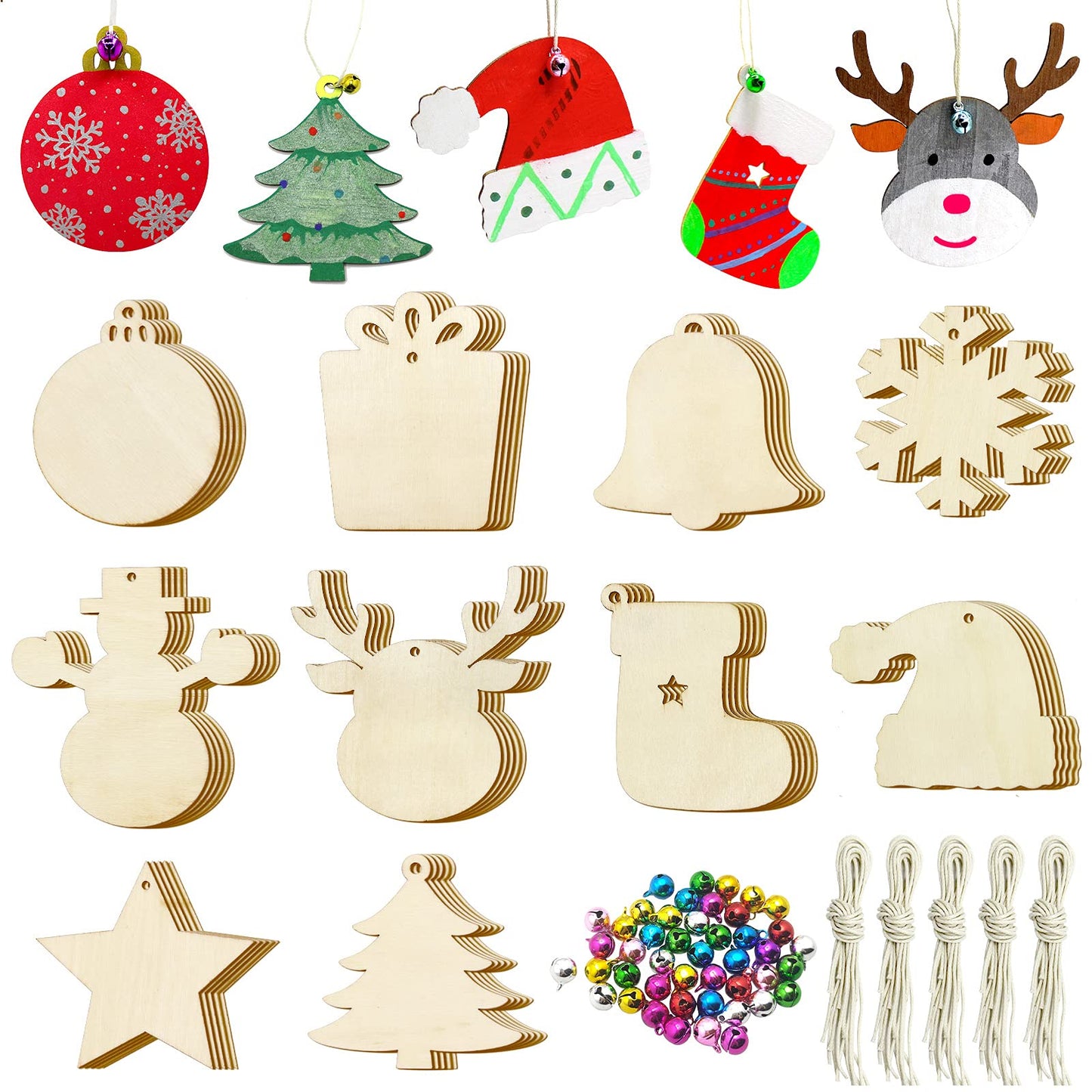 Pseutio 50 PCS Unfinished Wooden Christmas Ornaments DIY Christmas Wooden Slices with 50 Jingle Bells for Crafts Christmas Hanging Decorations (10 Shapes)