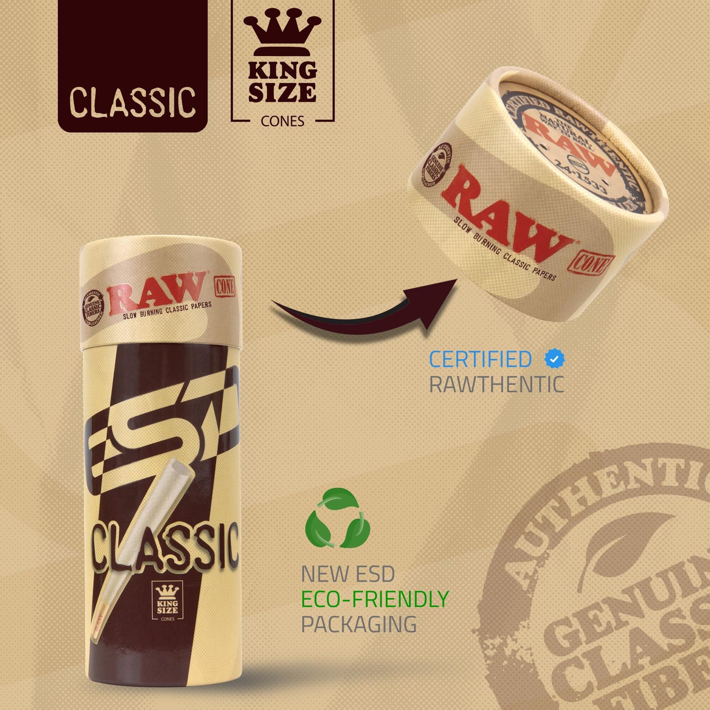 RAW Cones Classic King Size | 100 Pack | Natural Pre Rolled Rolling Paper with Tips & Packing Sticks Included