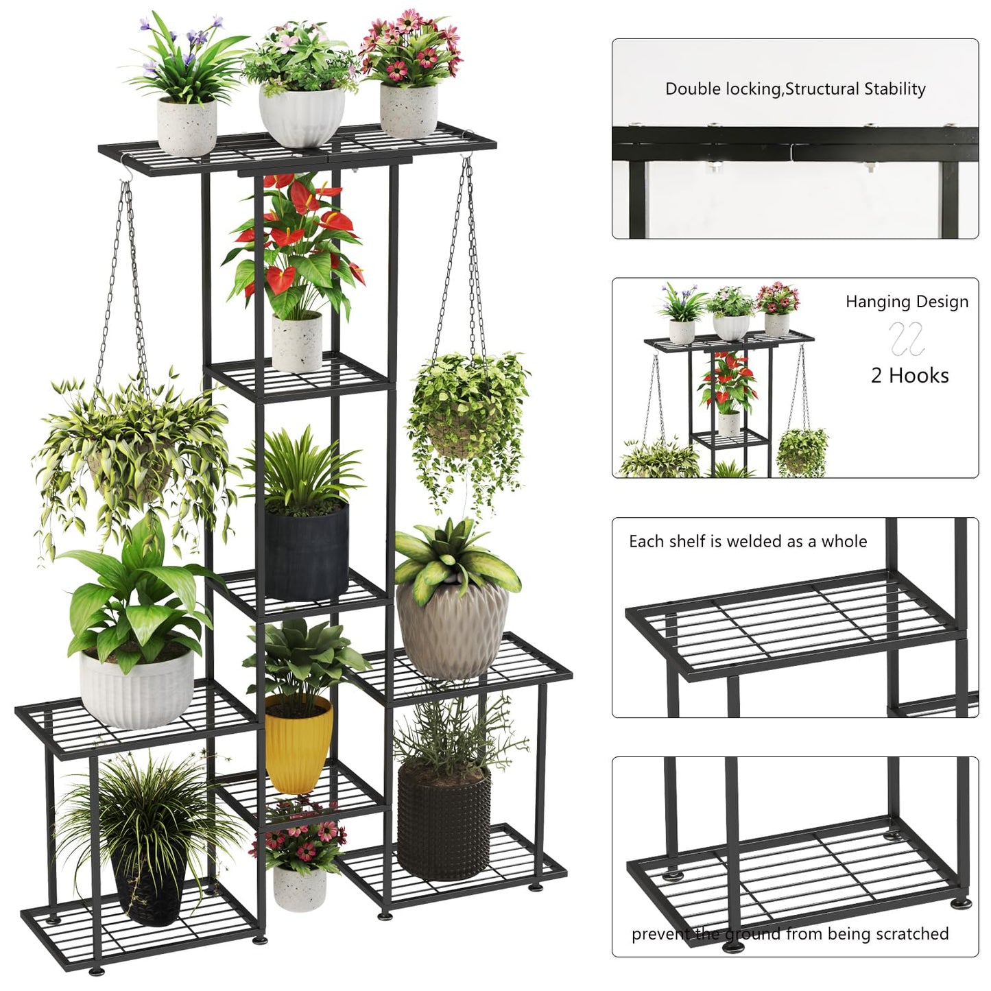 YUJCHMTZN Plant Stand Indoor Outdoor, Metal 6 Tier Tall Hanging Plant Shelf for Multiple Flower Planter Large Heavy Duty Ladder Plant Holder for Garden, Black (y-201)