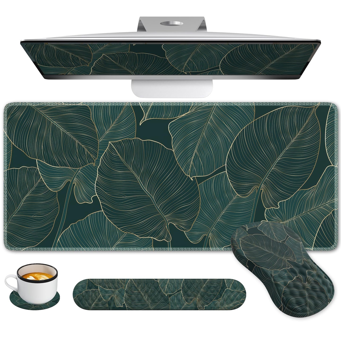 AnyShock 4 in 1Desk Mat for Keyboard and Mouse, Ergonomic Green Mouse Pad with Memory Foam Wrist Rest, Large Desk Pad Mat, Soft Wrist Support for Keyboard (Palm Leaves)