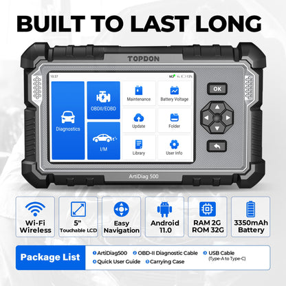 TOPDON OBD2 Scanner, Engine, ABS, SRS, Transmission, CAN Diagnostic Scan Tool, AutoVIN Diagnostic Scanner, Code Reader with Car Battery Voltage Test, Wi-Fi Free Update, ArtiDiag500