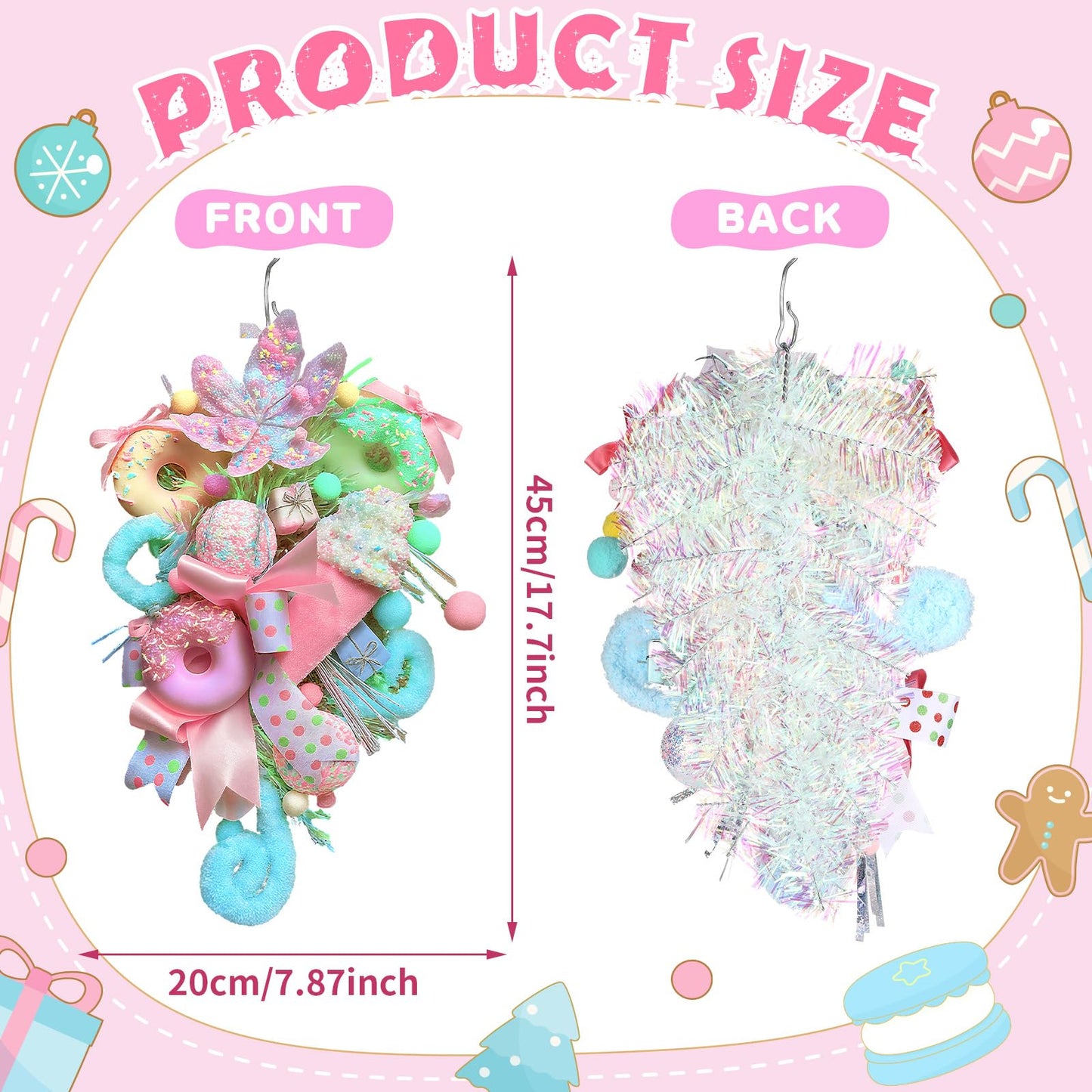 Retrowavy 18 Inch Pastel Christmas Teardrop Swag Decoration Xmas Candy Cane Tear Drop Swags Wreath with Ribbon Lollipop Sweet Donut Ice Cream Cake Curly Stem for Front Door Wall Fireplace Holiday