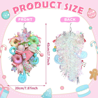 Retrowavy 18 Inch Pastel Christmas Teardrop Swag Decoration Xmas Candy Cane Tear Drop Swags Wreath with Ribbon Lollipop Sweet Donut Ice Cream Cake Curly Stem for Front Door Wall Fireplace Holiday