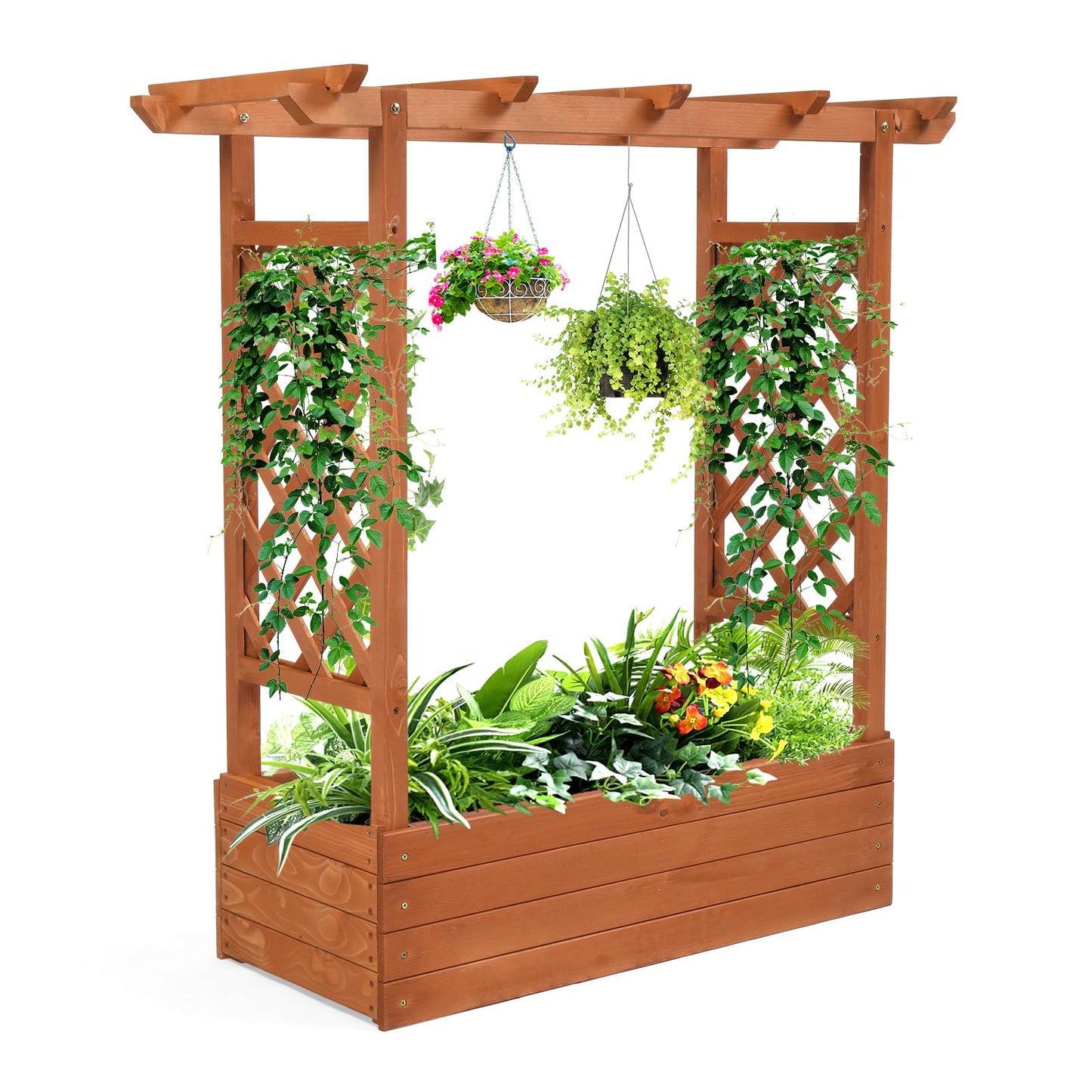 VINGLI 45 in Raised Garden Bed with Trellis & Hanging Roof, Wooden Elevated Planter Box with Drainage Holes for Outdoor Climbing Plants Vegetables Flowers, Patio Yard Balcony
