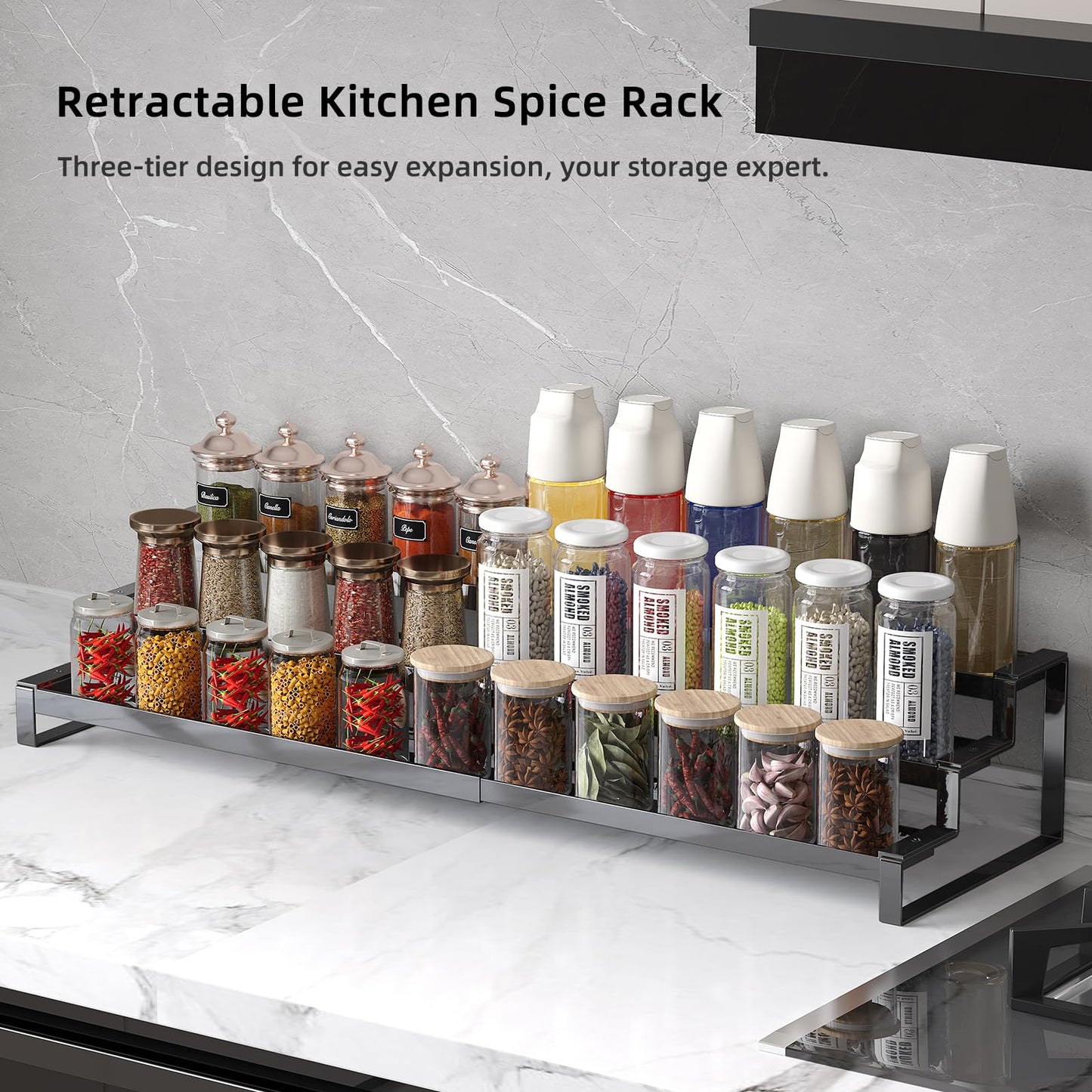 3 Tier Expandable Spice Rack Organizer, Heavy-Duty Black Metal Seasoning Organization Shelf for Cabinet, Kitchen & Pantry, Tiered Spice Shelf With Safety Lock, For Jars & Bottles, Countertop Storage