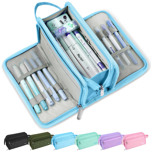 Sooez Large Pencil Case, Big Capacity Pencil Pouch Pen Bag with 3 Compartment, Portable Canvas Stationery Organizer with Zipper, Cute Aesthetic School Supplies for Teen Girls, Sky Blue with Plaid