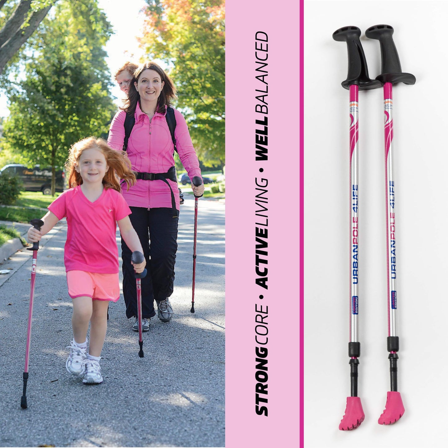 Urban Poling 4LIFE Urban Poles – 1 Pair – Fitness Edition – Patented Ergonomic CoreGrip™ for Stability – Adjustable, Collapsible, Lightweight for Comfort