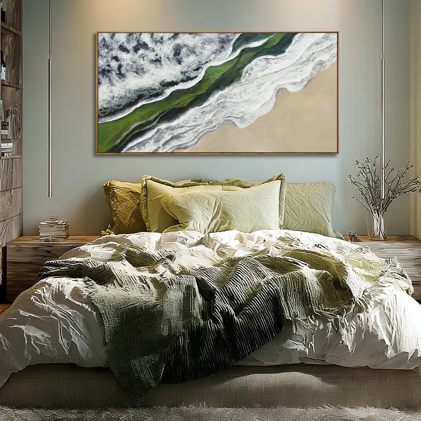 Sage Green Wall Art Abstract White Green Beach Wave Wall Decor Framed Canvas Prints Posters Pictures Artwork 24"x48" Ready to Hang