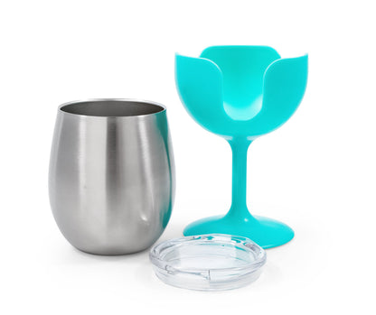 Camco Life is Better at The Campsite 8 oz Wine Tumbler 2 Pack - Heavy Duty Double Wall Vacuum Insulation - Crafted of 18/8 Stainless Steel - Features Removable Blue & Pink Stems (51915) (Pack of 4)