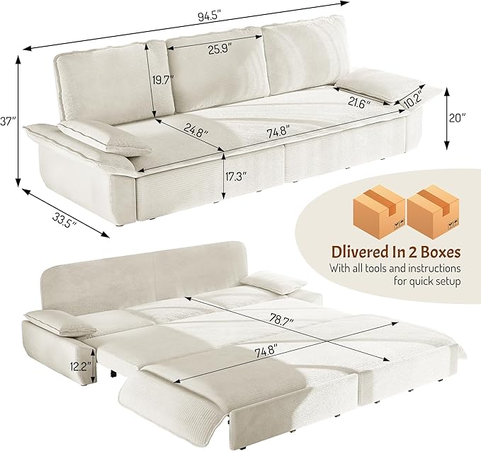 KEIKI 94.5" King-Size 3-in-1 Convertible Sleeper Sofa, Oversized Pull-Out Couch