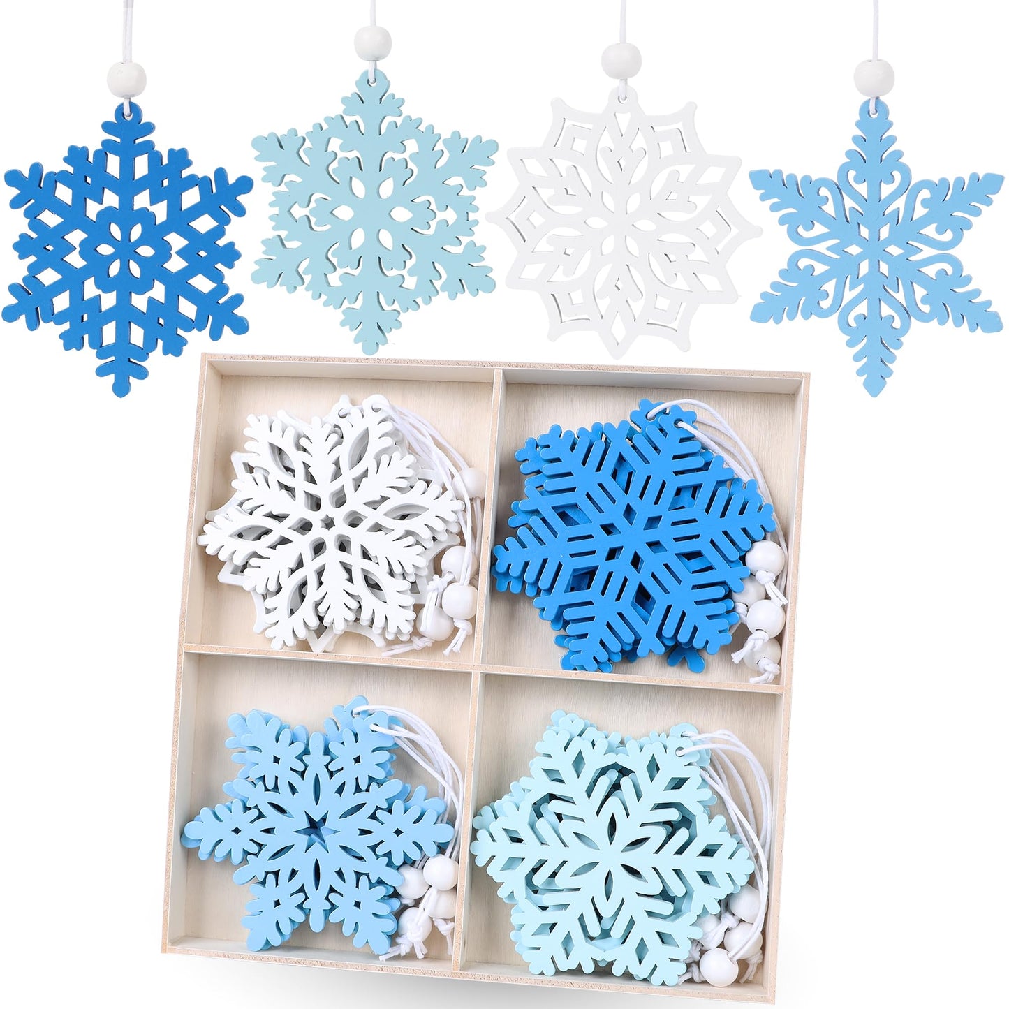 16Pieces Blue Snowflakes Ornaments 3inch Wooden Snowflake Christmas Tree Ornament for Winter Wonderland Christmas Decoration DIY Crafts 8 Styles