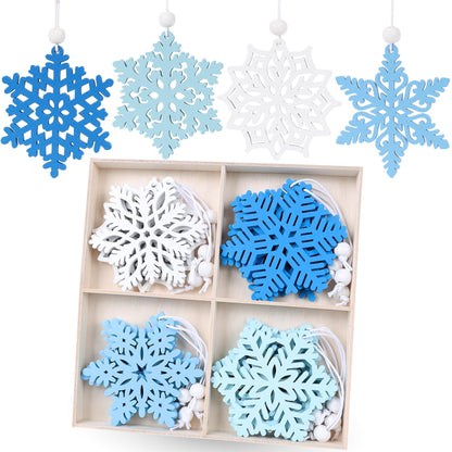 16Pieces Blue Snowflakes Ornaments 3inch Wooden Snowflake Christmas Tree Ornament for Winter Wonderland Christmas Decoration DIY Crafts 8 Styles